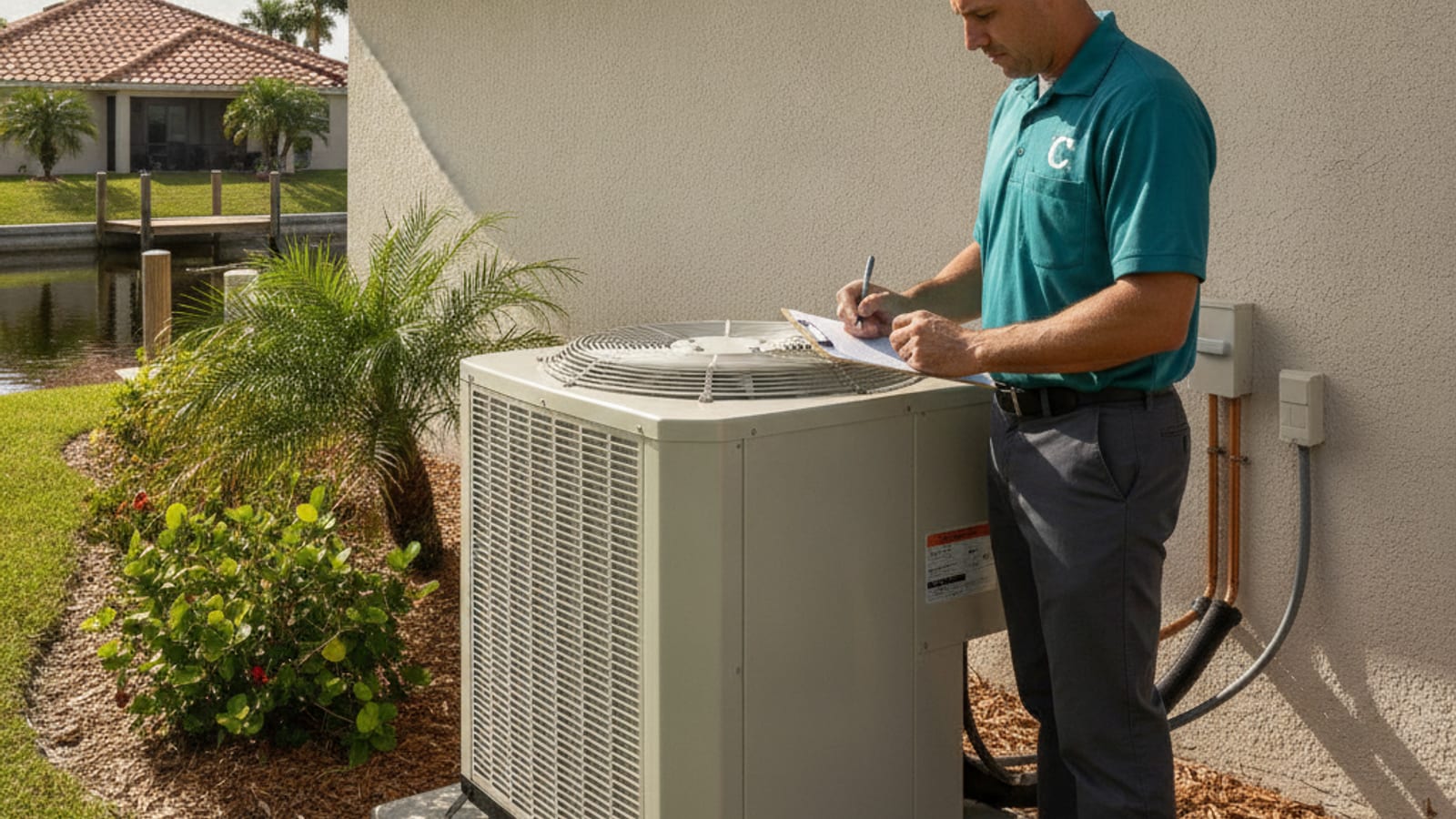 An inspector examining an outdoor AC condenser during a Florida home insurance inspection