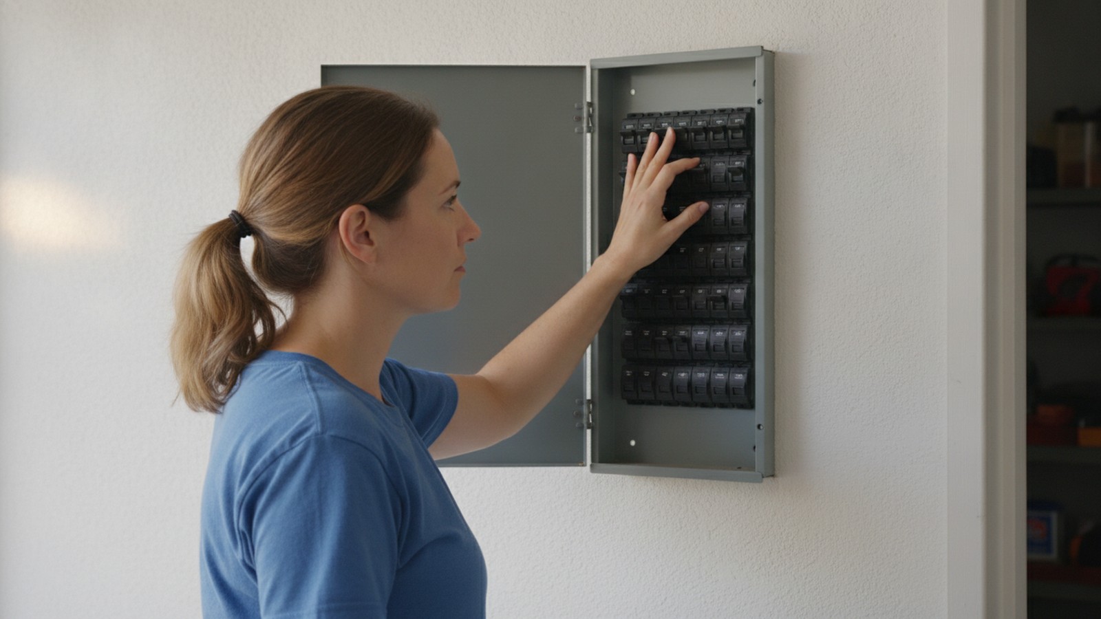 A Florida homeowner with her hand on a breaker switch at an open gray electrical panel on a garage wall, shutting the air conditioner circuit off