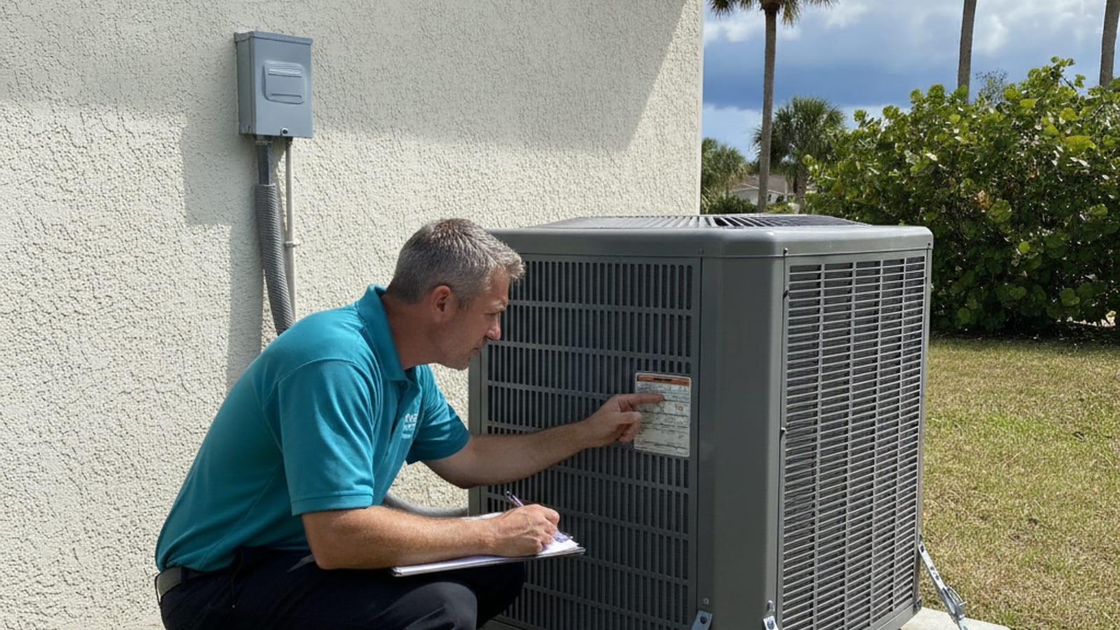 An HVAC technician crouched beside an outdoor AC condenser at an Englewood Florida home, reading the manufacturer rating plate on the cabinet with the closed gray electrical disconnect box on the wall above