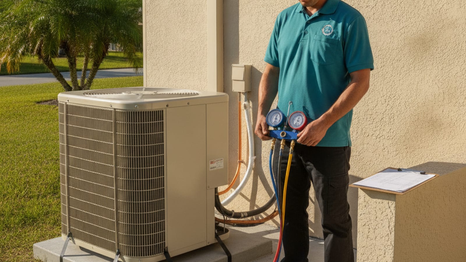 HVAC technician in storm teal uniform performing AC maintenance on a residential unit in Englewood