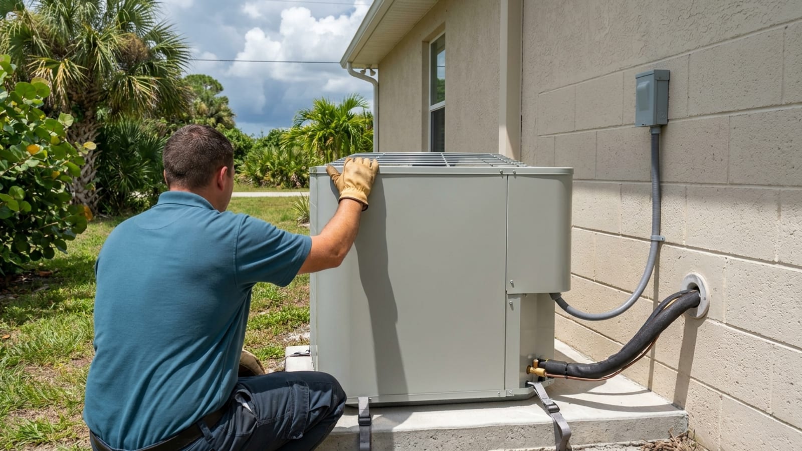 HVAC technician inspecting an outdoor AC unit at an Englewood home