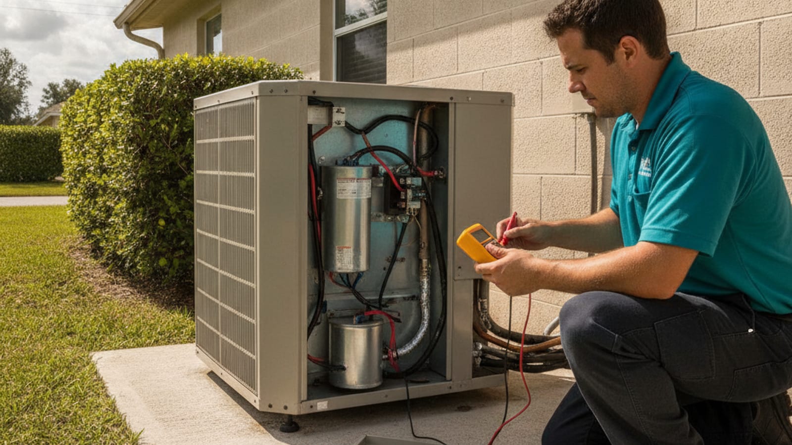 A technician reviewing diagnostic notes beside an outdoor AC condenser at an Englewood-area home
