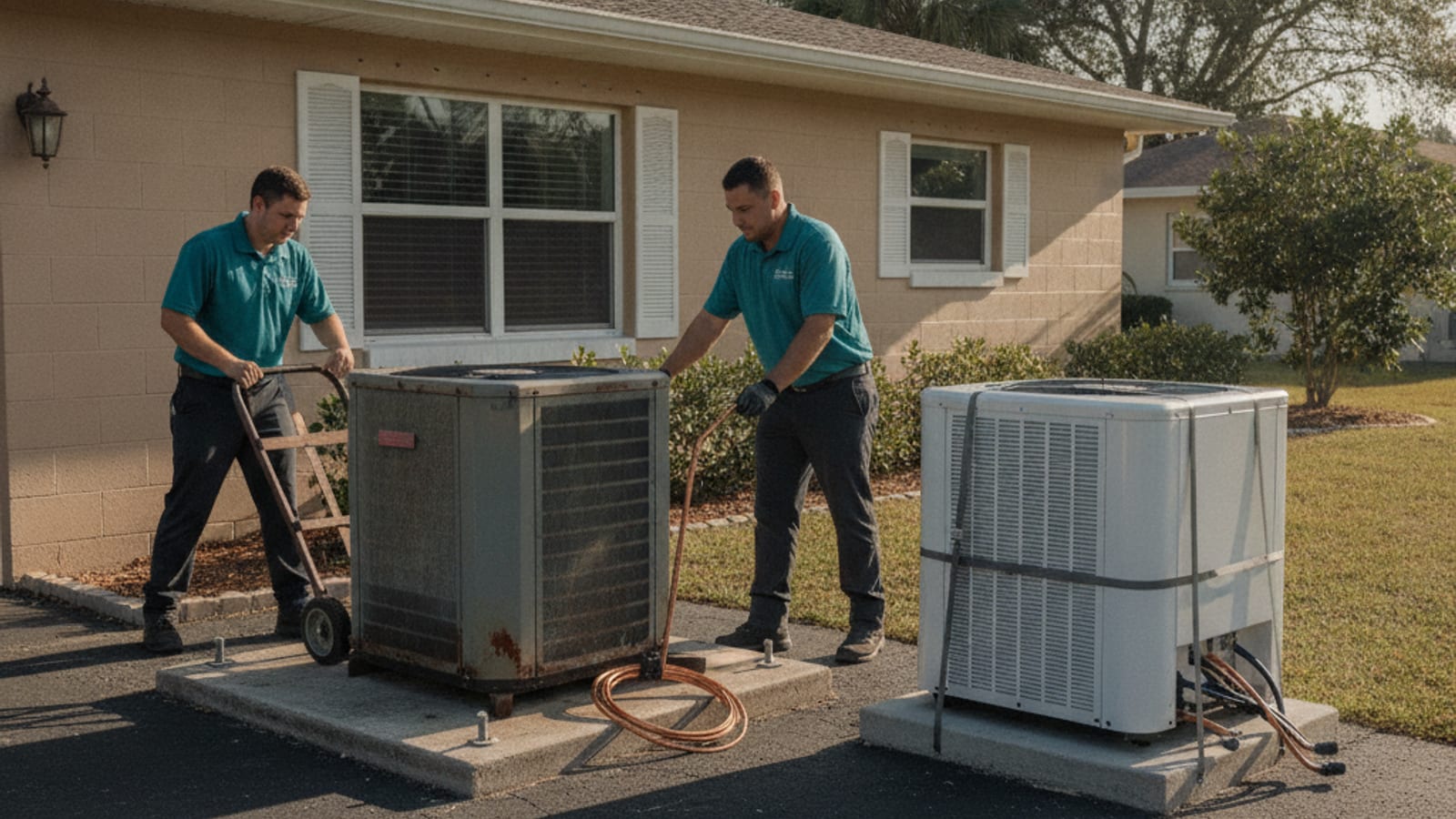 Two HVAC technicians using a hand truck to remove an old outdoor AC condenser while a new one waits on the pad beside it