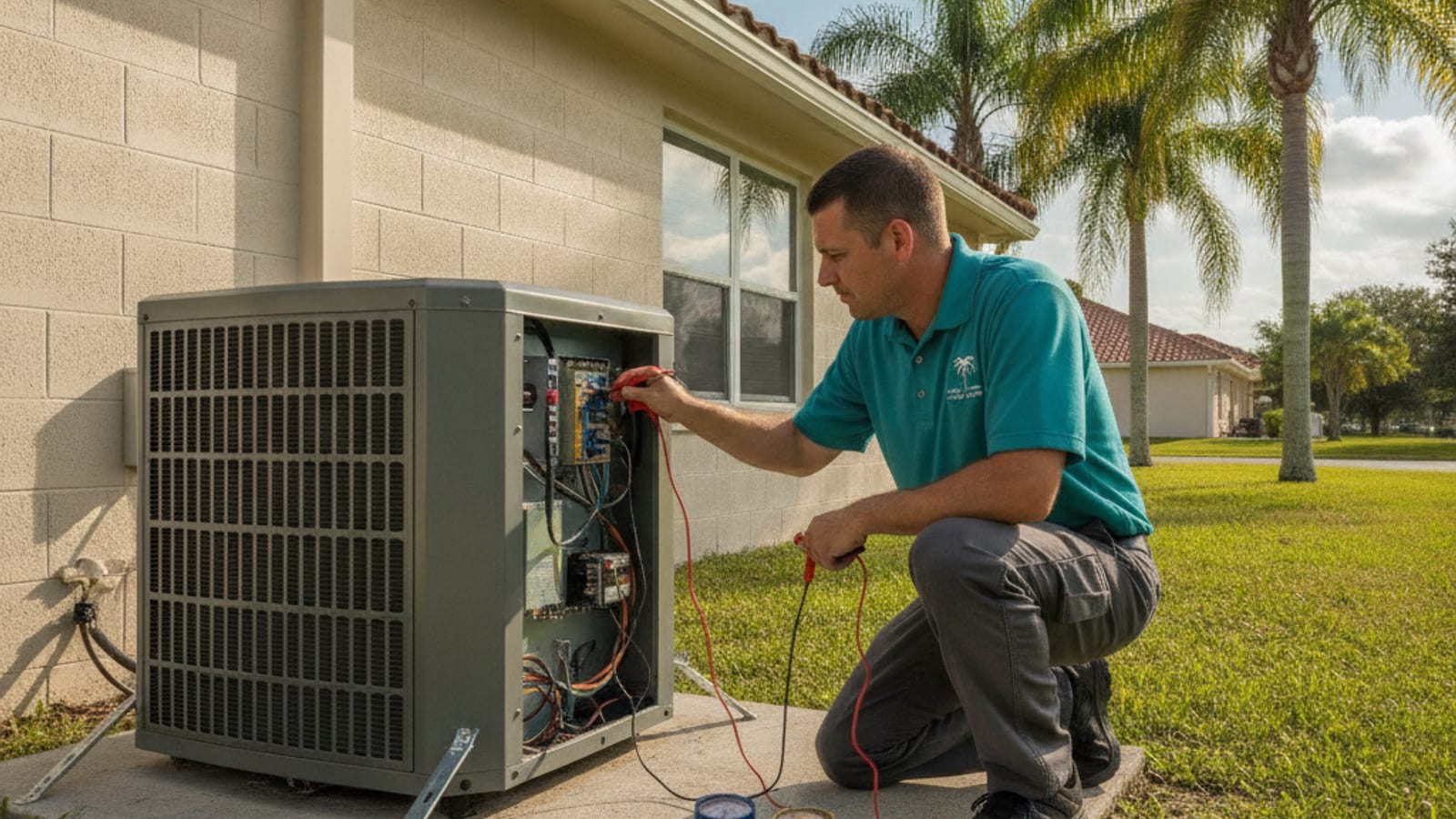 An HVAC technician in a storm teal uniform diagnosing an air conditioner unit at an Englewood home