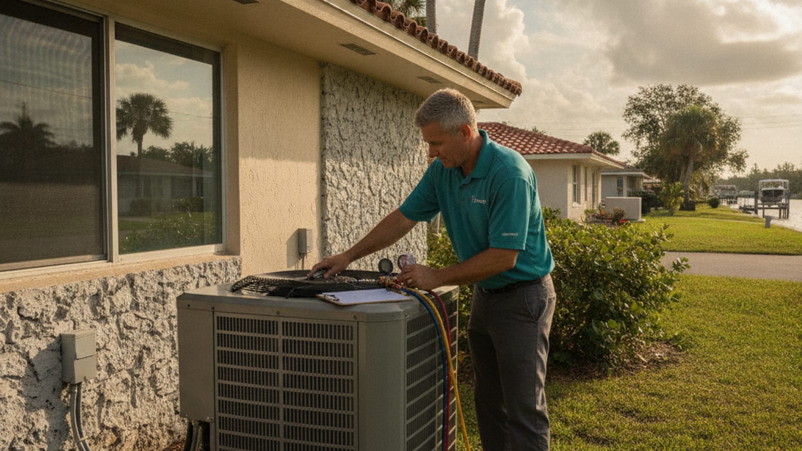 An HVAC technician in a storm teal uniform diagnosing an air conditioner unit at a Venice home