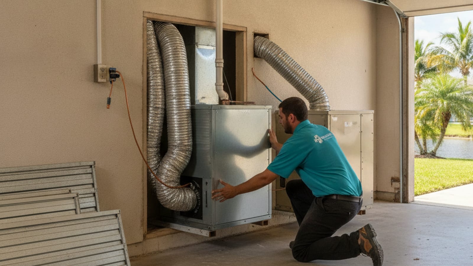 An HVAC technician sliding a new air handler unit into a mechanical closet beside the old unit being removed