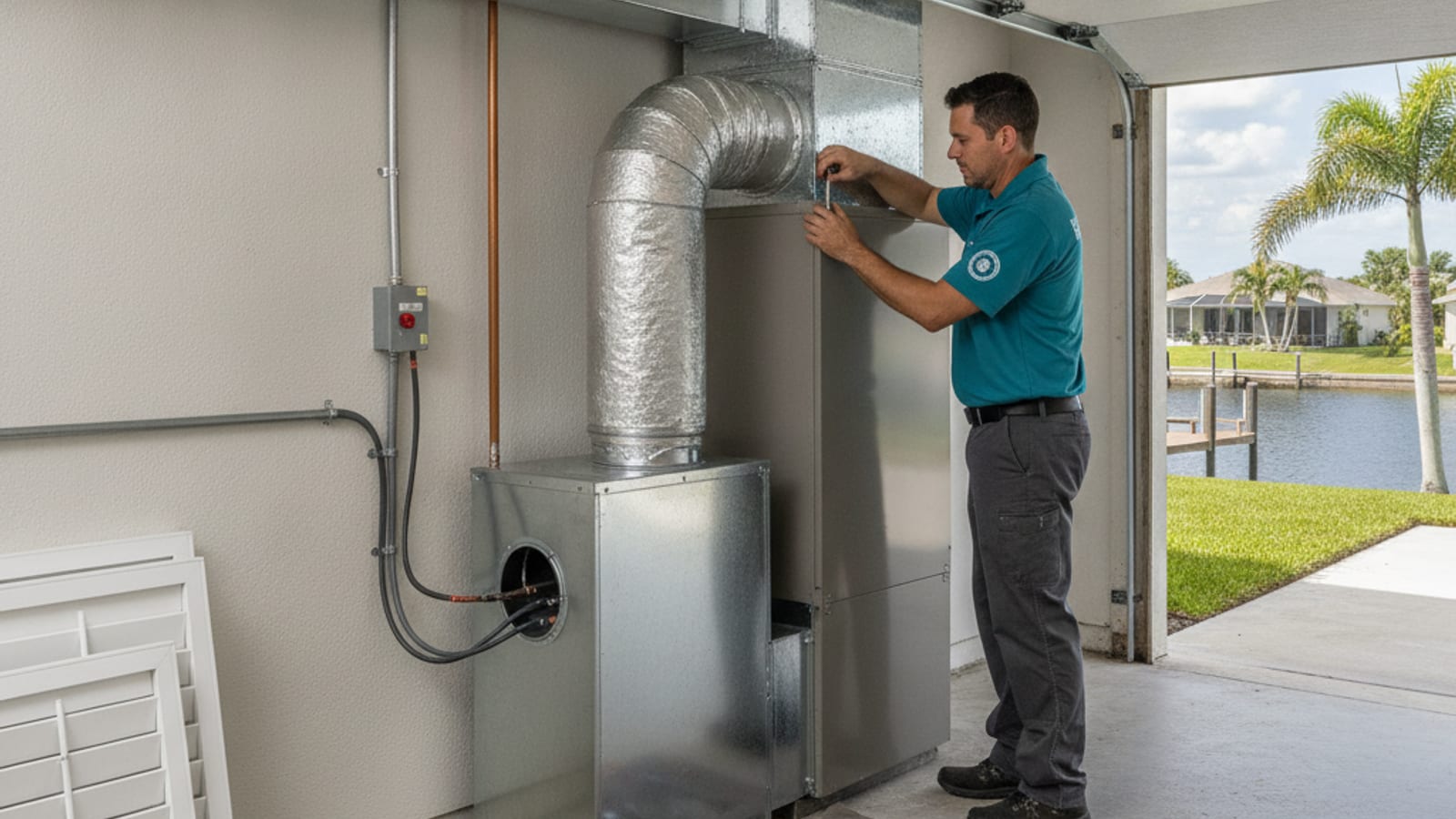 A whole-home dehumidifier being installed next to an air handler in a Port Charlotte garage
