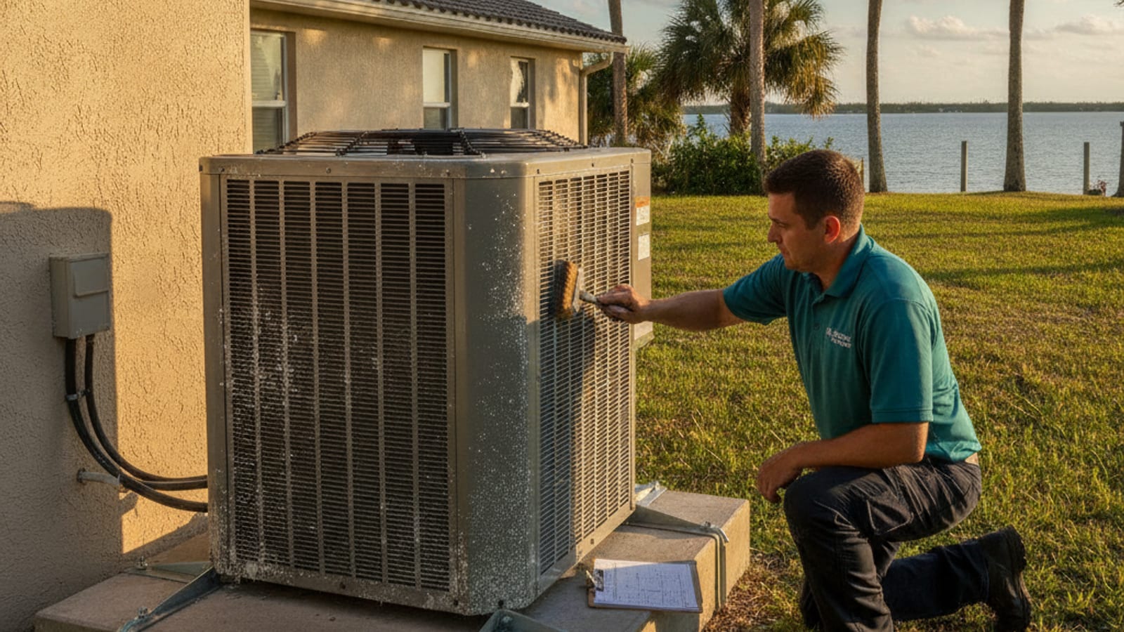 HVAC technician in storm teal uniform performing AC maintenance on a coastal Cape Haze home with salt air corrosion visible