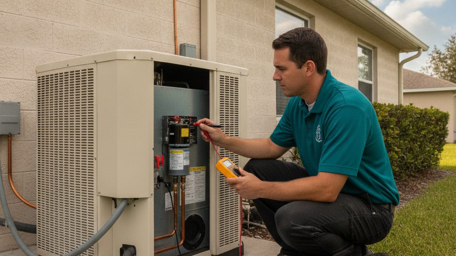 HVAC technician in storm teal uniform diagnosing a faulty capacitor on an outdoor AC unit while holding a multimeter