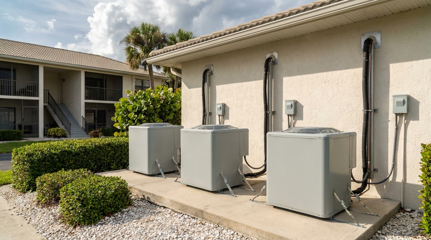 Outdoor AC condensers on a shared concrete pad beside a low Florida condominium building with palms and a screened lanai