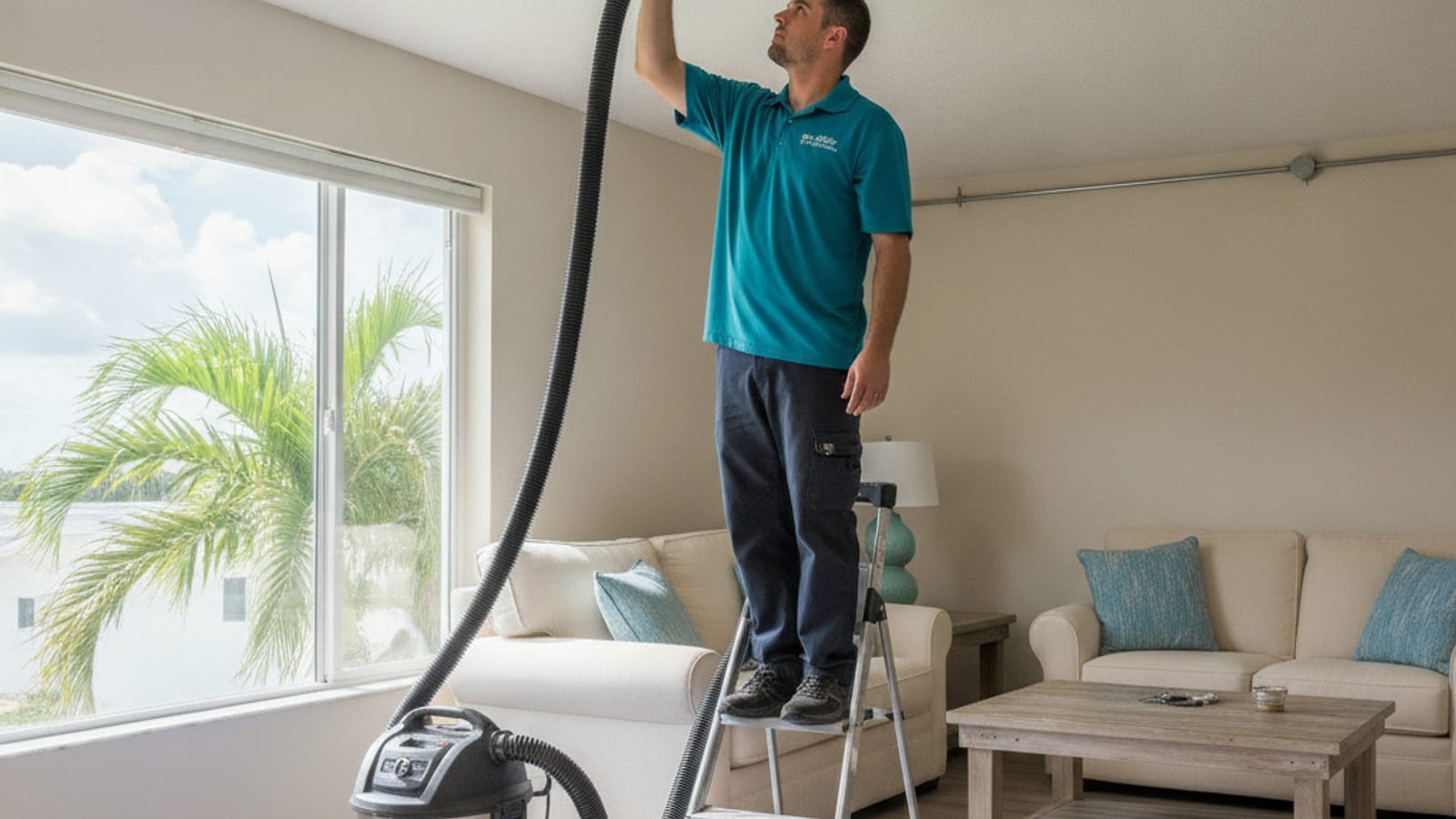 An HVAC technician cleaning inside a ceiling supply air vent with a rotary brush tool in an Englewood living room