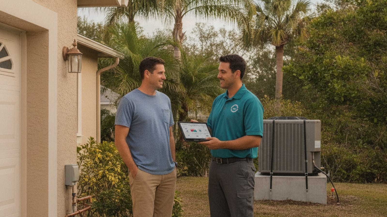 A homeowner speaking with an HVAC technician in a storm teal uniform at the front door of an Englewood home