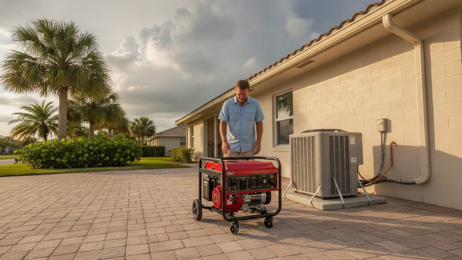 A homeowner looking down at a red portable generator on a paver driveway, with an outdoor AC condenser on a strapped concrete pad beside the stucco house