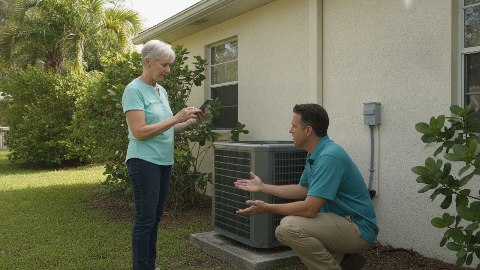 A homeowner reads her smartphone while an HVAC technician in a plain teal polo crouches and gestures toward the outdoor AC condenser beside an Englewood Florida home, with the gray electrical disconnect box on the stucco wall above