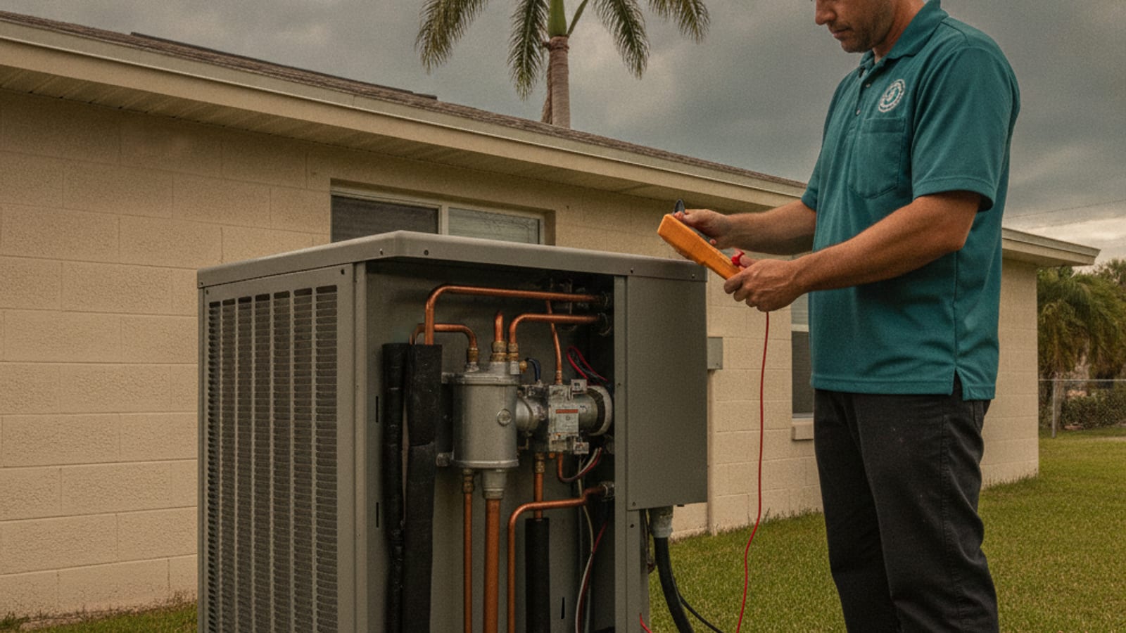 HVAC technician inspecting a residential heat pump beside an Englewood, Florida home