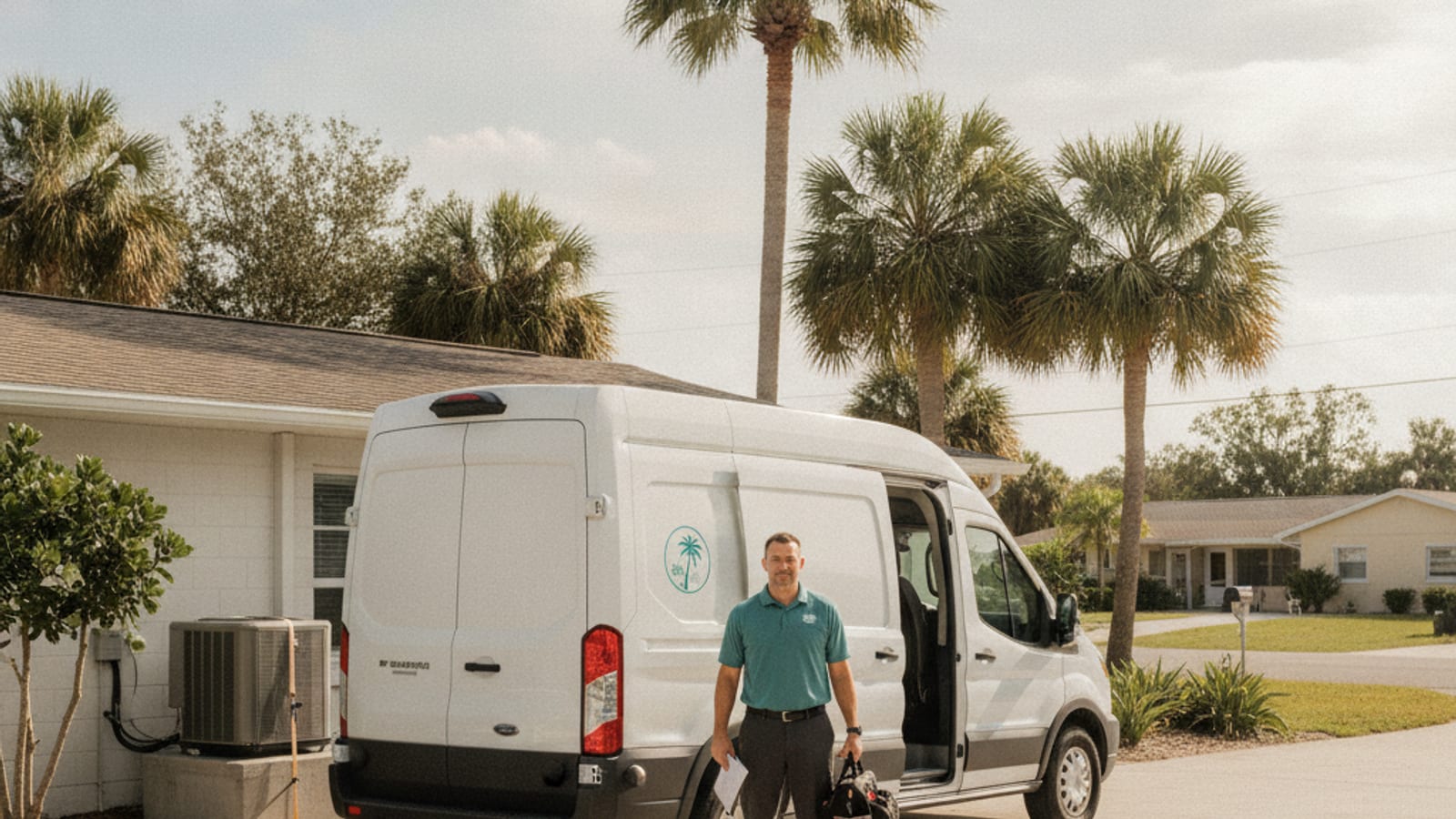 HVAC technician in storm teal uniform standing beside a service van outside a residential home in Osprey, Florida