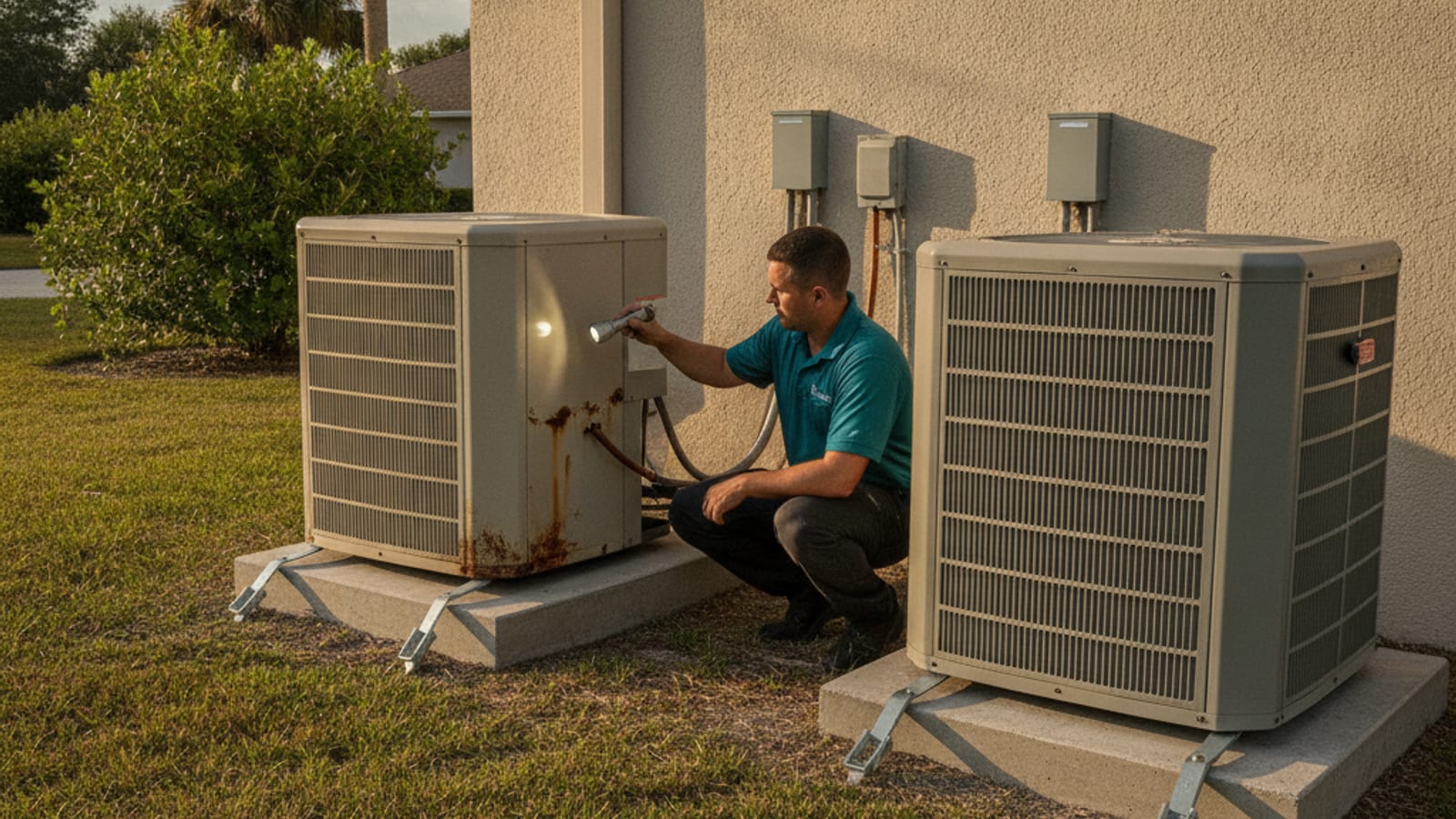 An older sun weathered outdoor AC condenser standing against a west facing wall next to a newer unit at an inland Englewood home