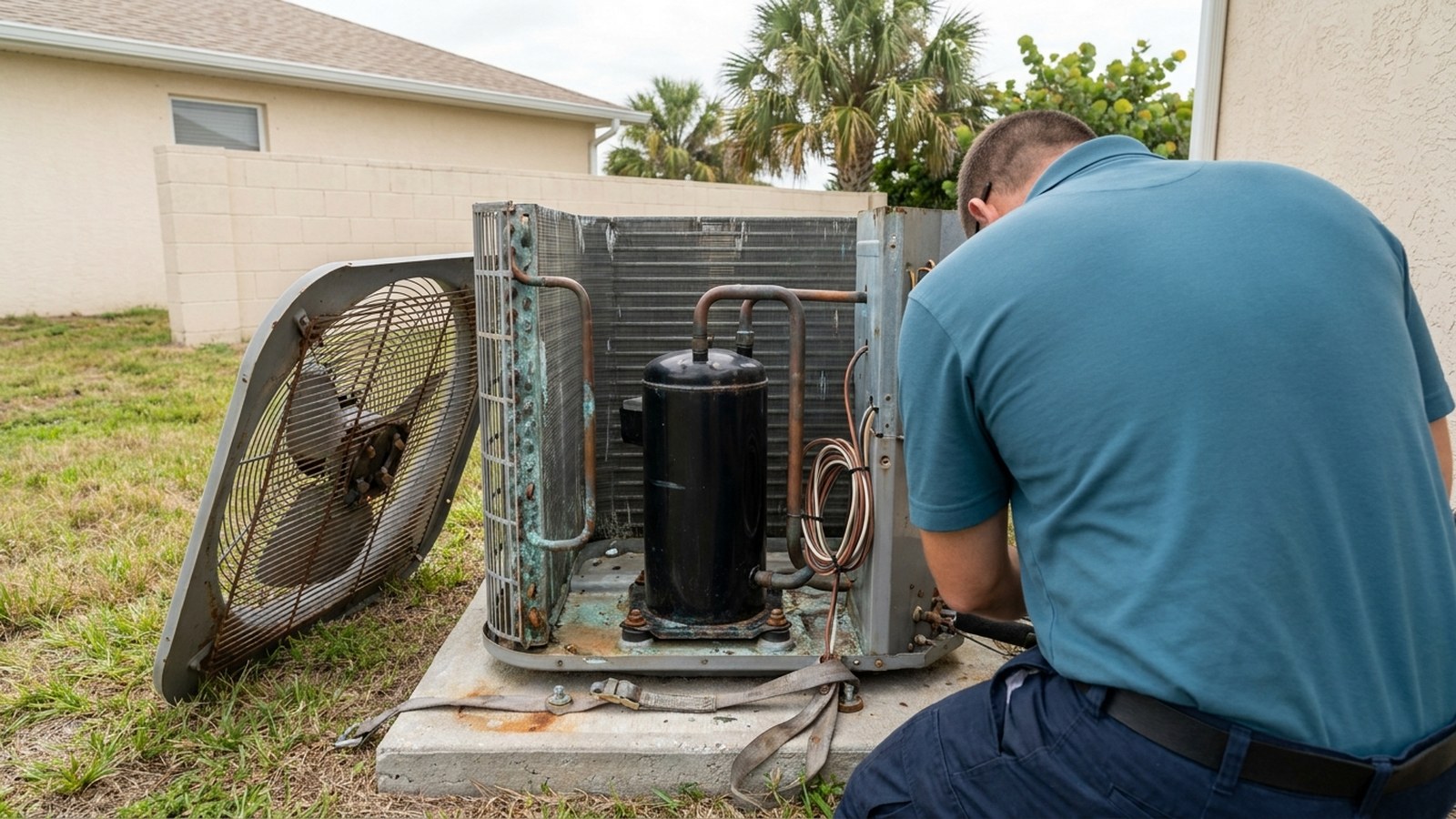 An HVAC technician kneeling at an outdoor air conditioning condenser with the top grille and fan assembly lifted off and leaning on the grass, the black compressor canister and corroded copper lines visible inside the open cabinet, beside a block and stucco Englewood home with hurricane tie-down straps on the pad