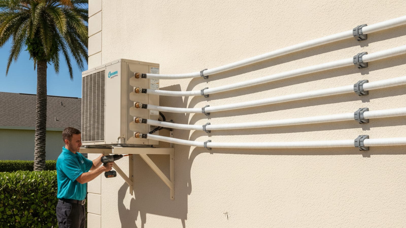 An outdoor multi zone mini split compressor with several refrigerant line sets running to different points on the exterior wall of an Englewood home