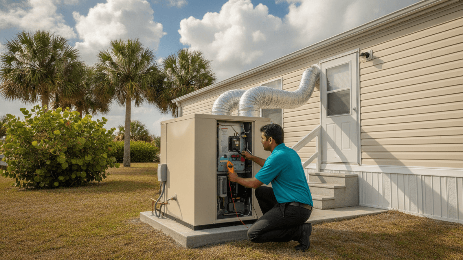 An HVAC technician checking the open electrical panel of a packaged AC unit on a concrete pad beside a manufactured home in Englewood