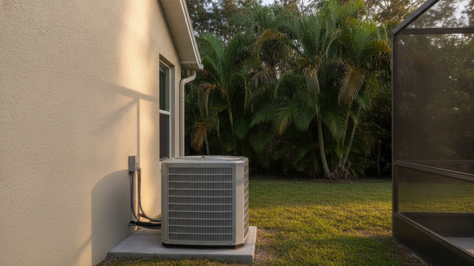 An outdoor AC condenser on a concrete pad beside the stucco wall of a Florida home, with an electrical disconnect box above it, palms and a screened lanai in the background
